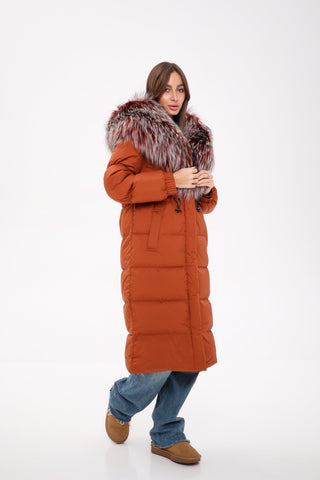 Genuine Silver Fox Fully Lined Hood Down Filled Coat - By Baano