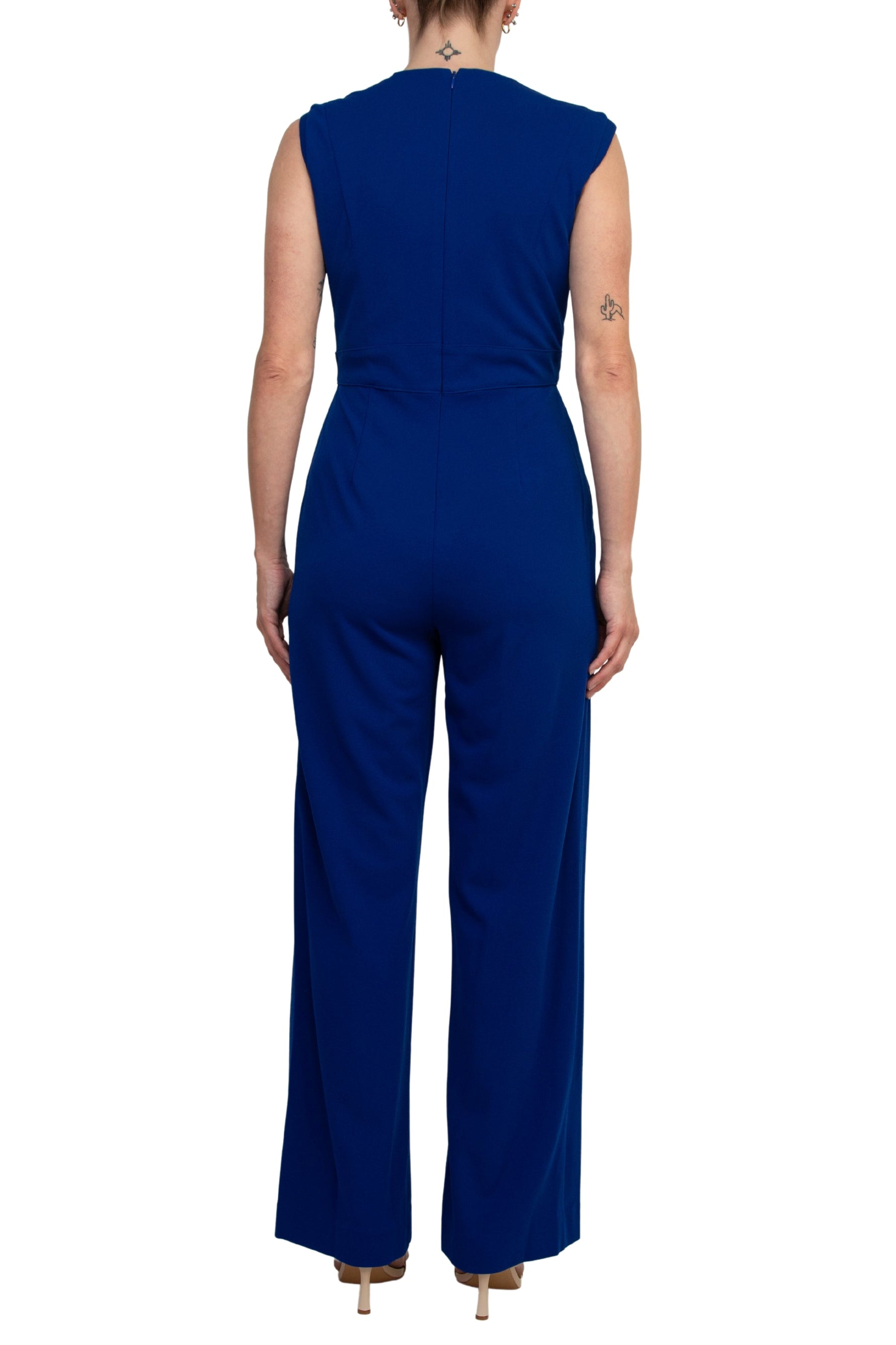Tahari Asl Notch-Neck Sleeveless Crepe Flare Leg Back Zipper Jumpsuit