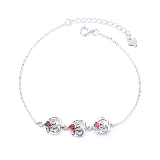 14K White Gold Paw Print Hearts with Garnet Gemstones (Animal Lovers) Bracelet