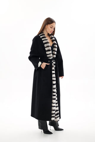 Genuine  French Orylag Fur Italian Cashmere Wool Coat