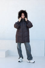 Celeste Genuine Fur Trim Down Fill Coat in Fig