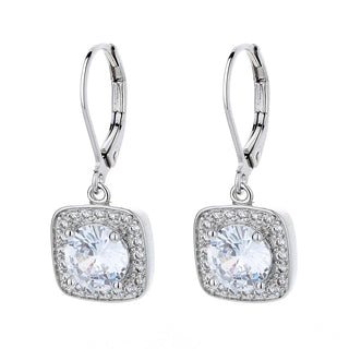 18K Gold Square Halo Lever-back Drop Earrings