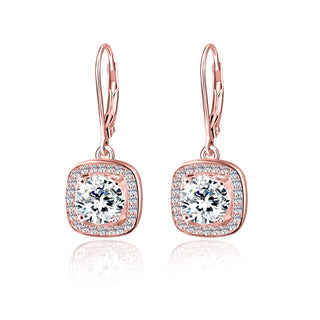 18K Gold Square Halo Lever-back Drop Earrings