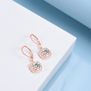 18K Gold Square Halo Lever-back Drop Earrings