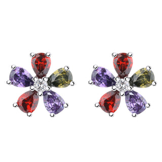 Sterling Silver Multi-Gemstone Floral Stud Earrings - Ruby / Peridot / Amethyst