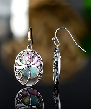 Abalone Pearl Dragonfly Round Hook Drop Earrings