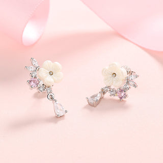 14K Rose Gold And Sterling Silver and Pink Cat's-Opal Eye Flower Drop Earrings
