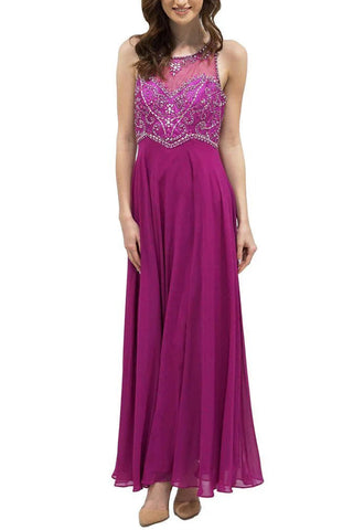Decode Halter Neck Illusion Embellished Bodice Zipper Back Mesh Chiffon Gown - By Baano