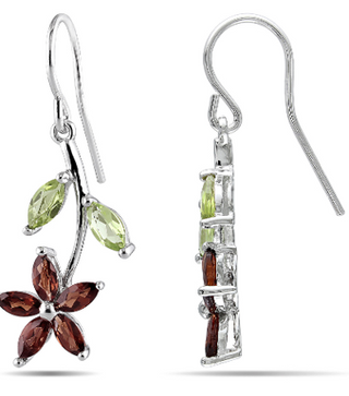 Sterling Silver Garnet and Peridot Floral Drop Earrings