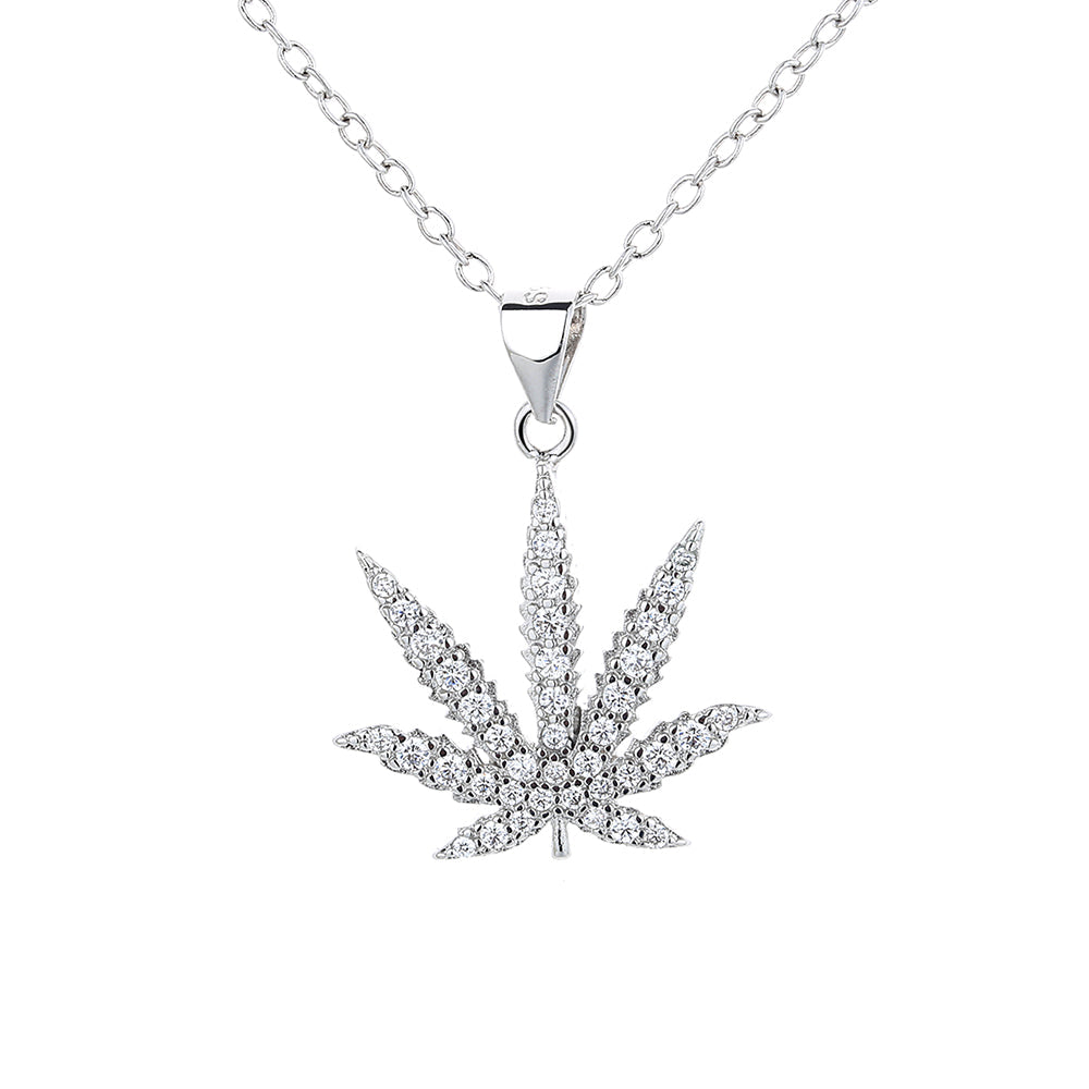 18K White Gold Leaf Hemp Necklace with crystals