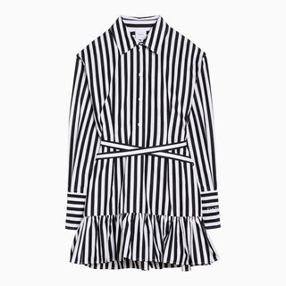 Black/white striped cotton mini chemisier dress