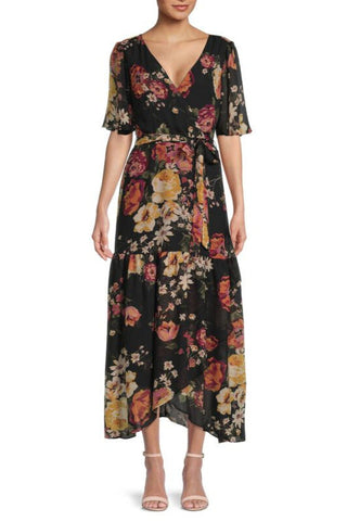 Donna Ricco Floral Flutter Sleeve Chiffon Wrap Dress - By Baano