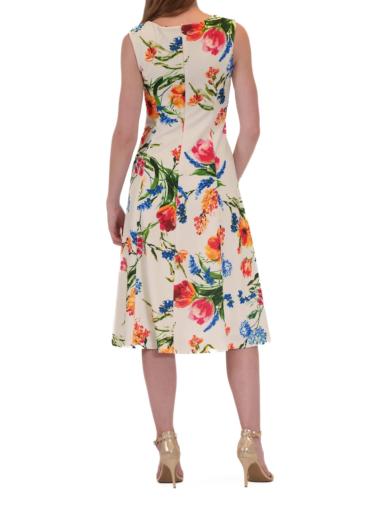 Donna Ricco Bateau Neckline Back Zip Closure Sleeveless Midi A-Line Dress