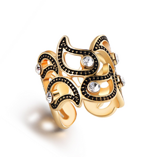 Black Ion and Genuine Crystal Adjustable Ring in 18K Gold