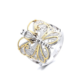14K Gold Artisan Two-Tone Filigree Dragonfly Ring