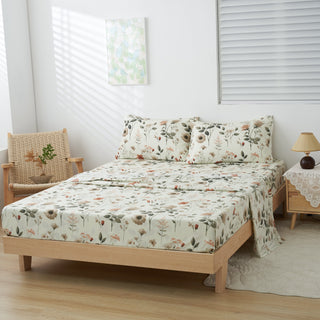 DaDalogy Enchanted Meadow Bed Sheet Set - Floral Harmony in Beige, Rose, and Soft Green, Premium Soft Microfiber, Machine Washable, Deep Pocket 14 - 15 Inches + Flat Sheet