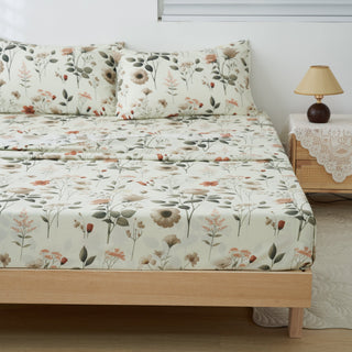 DaDalogy Enchanted Meadow Bed Sheet Set - Floral Harmony in Beige, Rose, and Soft Green, Premium Soft Microfiber, Machine Washable, Deep Pocket 14 - 15 Inches + Flat Sheet