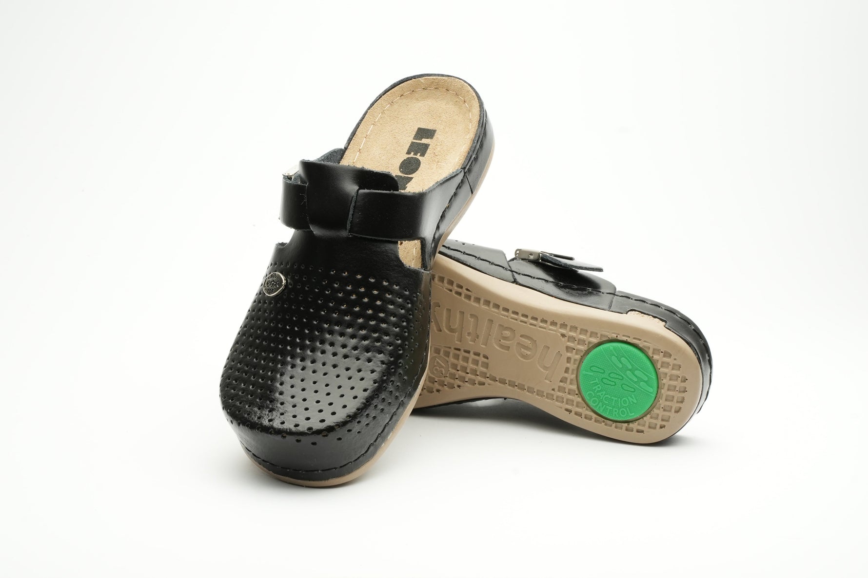 Leona by LEON- Women’s Leather Clog- Orthopedic with Adjustable Buckle and Perforated Leather for Breathability