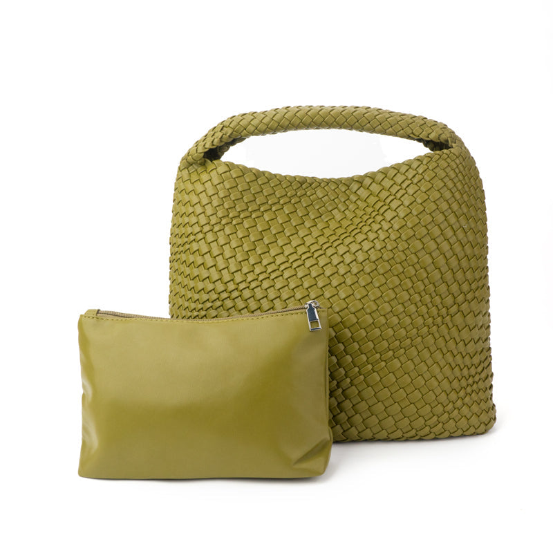 The Willow | Large Woven Vegan Leather Tote - Olive