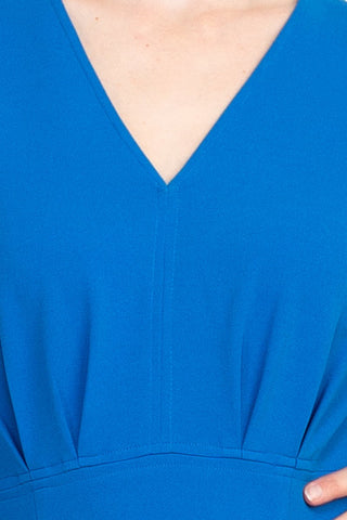 Donna Morgan V - Neck Elastic Cuffed 3/4 Sleeve Pleated Solid Sheath Zipper Back Stretch Crepe Dress - Glamourous Grace