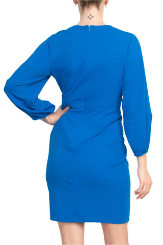 Donna Morgan V - Neck Elastic Cuffed 3/4 Sleeve Pleated Solid Sheath Zipper Back Stretch Crepe Dress - Glamourous Grace