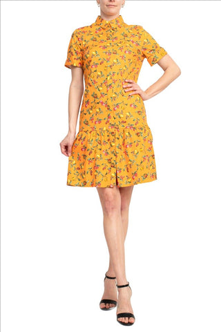 Donna Morgan Collared High Neck Button Down Folded Short Sleeve Multi Print Cotton Blend Dress with Pockets - Glamourous Grace