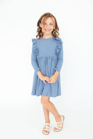 Dusty Blue L/S Ruffle Twirl Dress