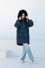 Celeste Genuine Fur Trim Down Fill Coat in Black