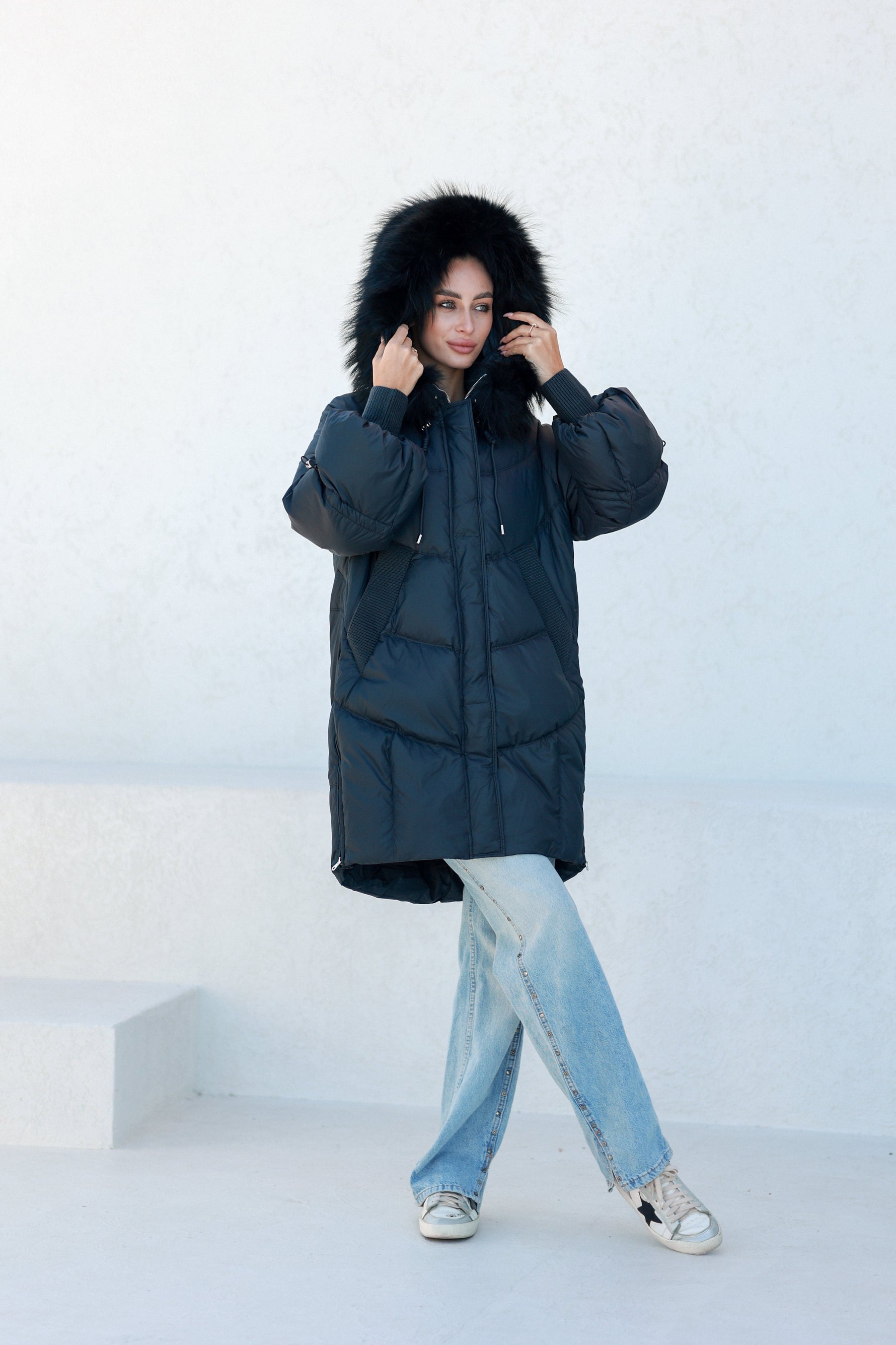 Celeste Genuine Fur Trim Down Fill Coat in Black