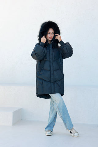 Celeste Genuine Fur Trim Down Fill Coat in Black