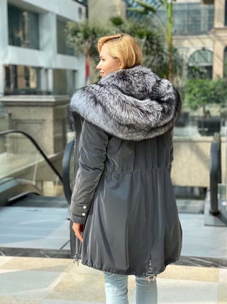 Genuine Silver Fox Fully Lined Hood Rabbit Insulated Parka - By Baano