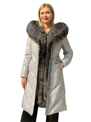 Genuine Silver Fox Fur Belted Parka Coat - By Baano
