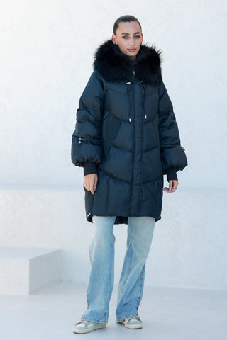 Celeste Genuine Fur Trim Down Fill Coat in Black