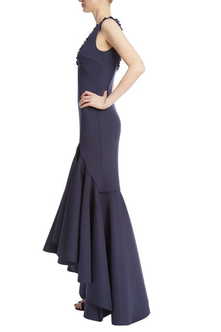 Badgley Mischka beaded scoop neck sleeveless bodycon zipper closure slit front ruffled trumpet scuba gown