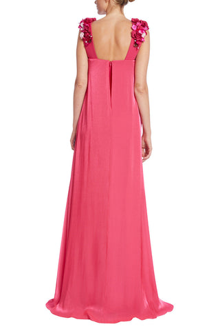 Badgley Mischka Square Neck Flower Strap Zipper Closure Solid Shiny Chiffon Gown - By Baano