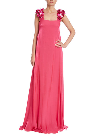 Badgley Mischka Square Neck Flower Strap Zipper Closure Solid Shiny Chiffon Gown - By Baano