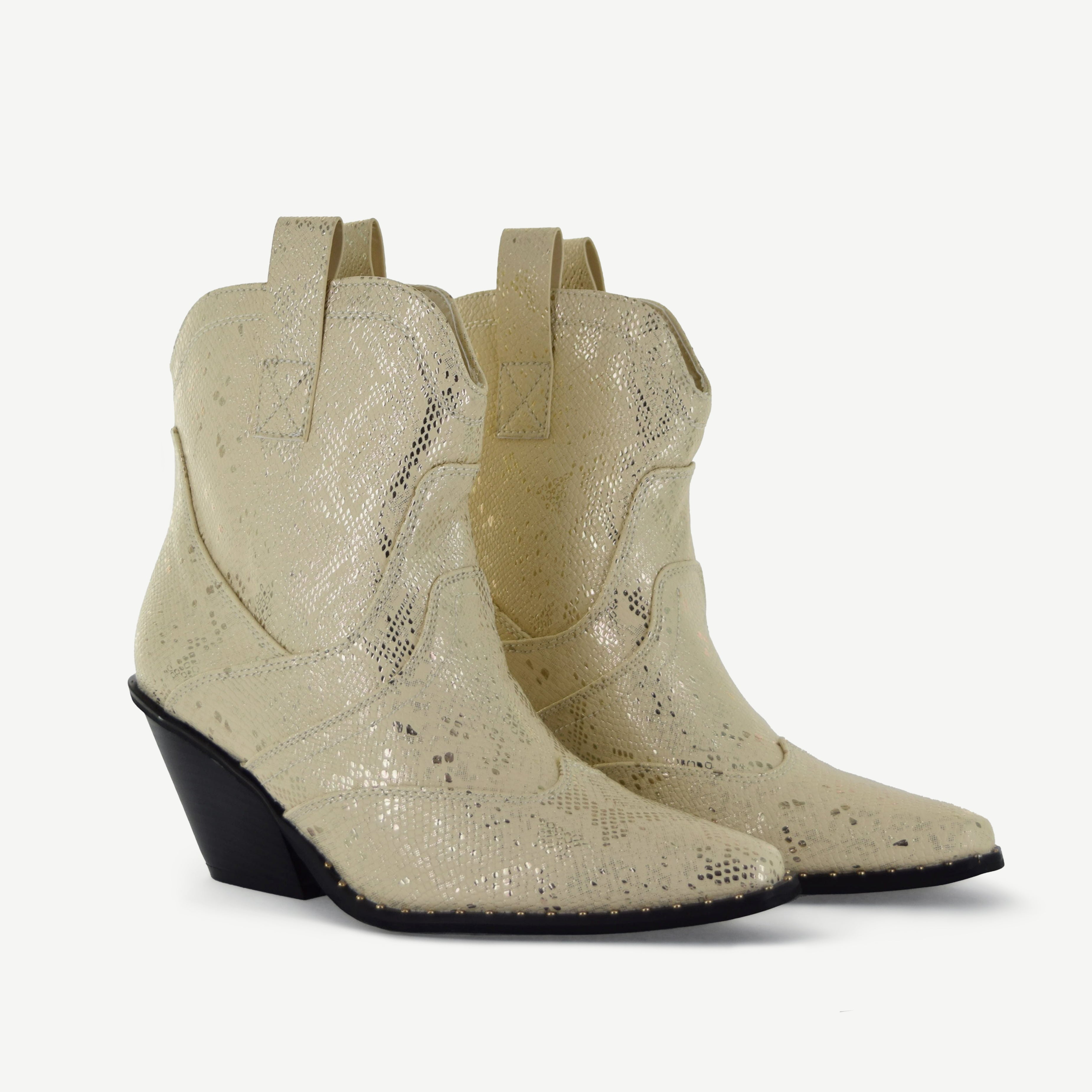 ISABEL: WESTERN BOOTIE - OFF-WHITE SNAKE - By Baano