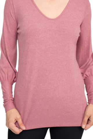 Ellen Tracy V - Neck Blouson Long Sleeve Solid Knit Jersey Top - Glamourous Grace