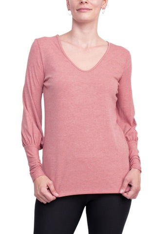 Ellen Tracy V - Neck Blouson Long Sleeve Solid Knit Jersey Top - Glamourous Grace