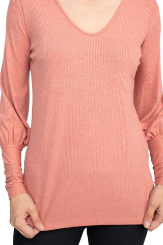 Ellen Tracy V - Neck Blouson Long Sleeve Solid Knit Jersey Top - Glamourous Grace