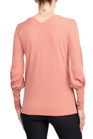 Ellen Tracy V - Neck Blouson Long Sleeve Solid Knit Jersey Top - Glamourous Grace