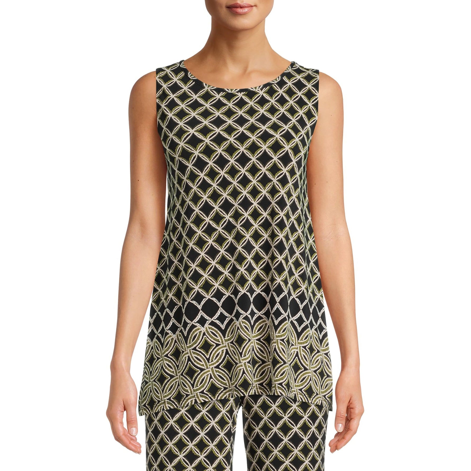 Evan Picone Scoop Neck Sleeveless Moroccan Tile Border Print Shark Bite Hem ITY Top - Glamourous Grace