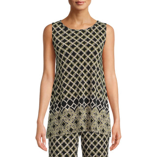 Evan Picone Scoop Neck Sleeveless Moroccan Tile Border Print Shark Bite Hem ITY Top - By Baano