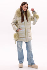 Genuine Fox Fur Down Coat with Fur Trim Mittens