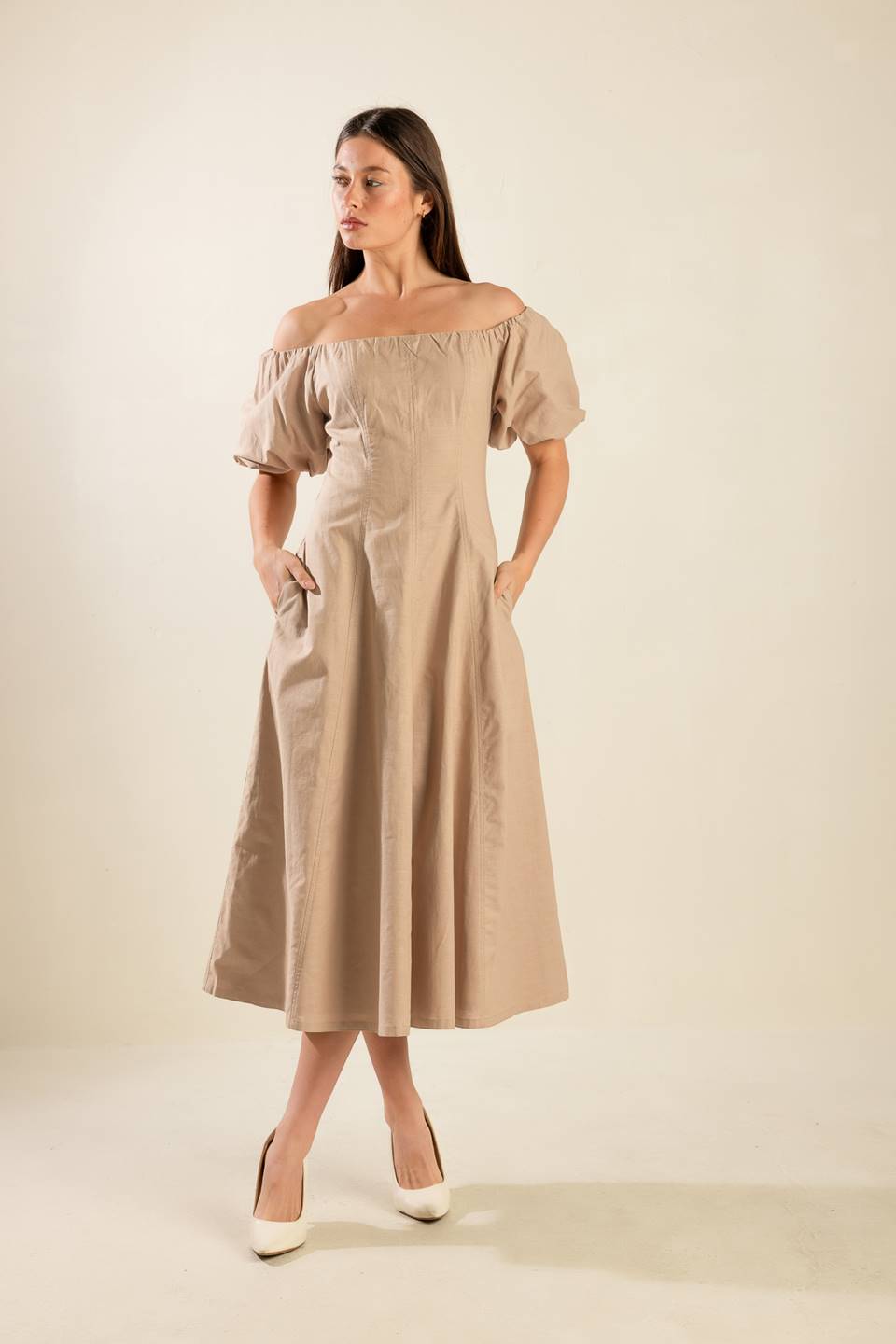 PROTECTING MY PEACE TAUPE WOVEN MIDI DRESS - By Baano