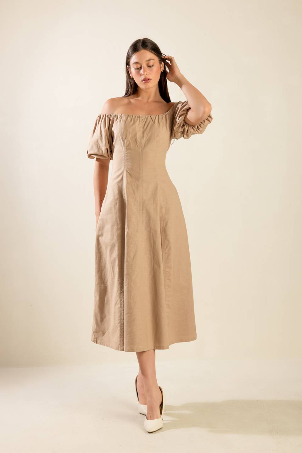 PROTECTING MY PEACE TAUPE WOVEN MIDI DRESS - By Baano