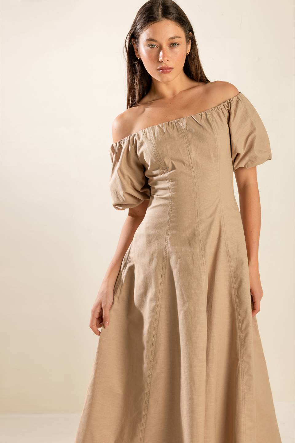 PROTECTING MY PEACE TAUPE WOVEN MIDI DRESS - By Baano