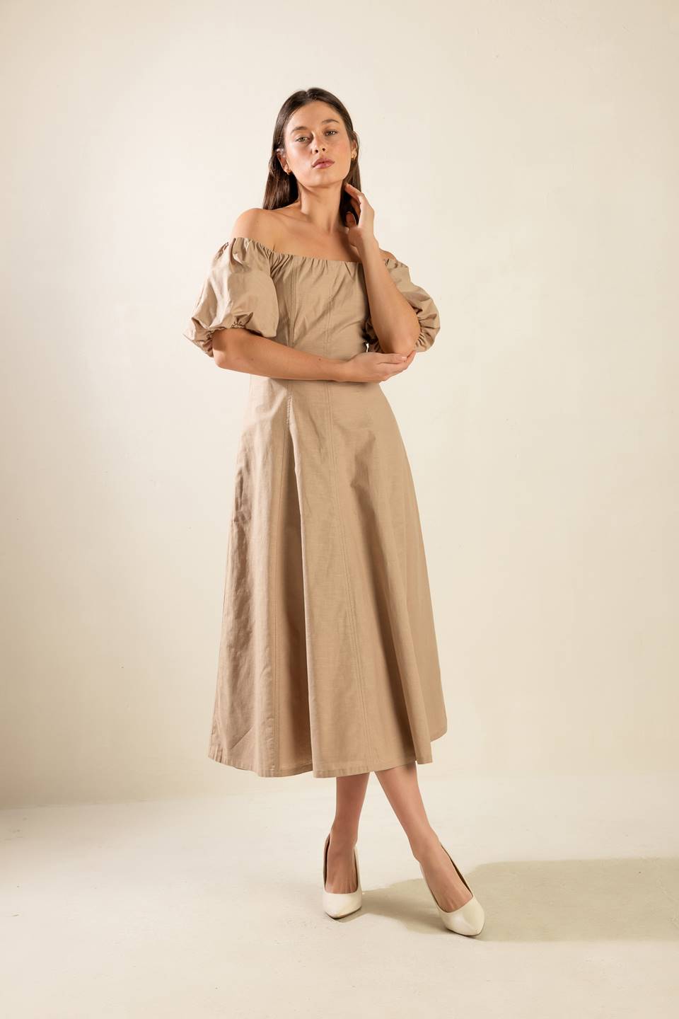 PROTECTING MY PEACE TAUPE WOVEN MIDI DRESS - By Baano