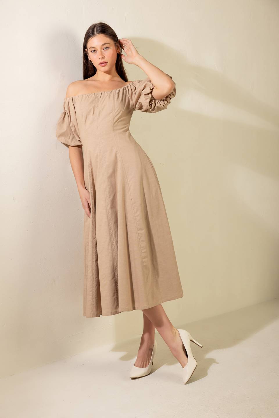 PROTECTING MY PEACE TAUPE WOVEN MIDI DRESS - By Baano