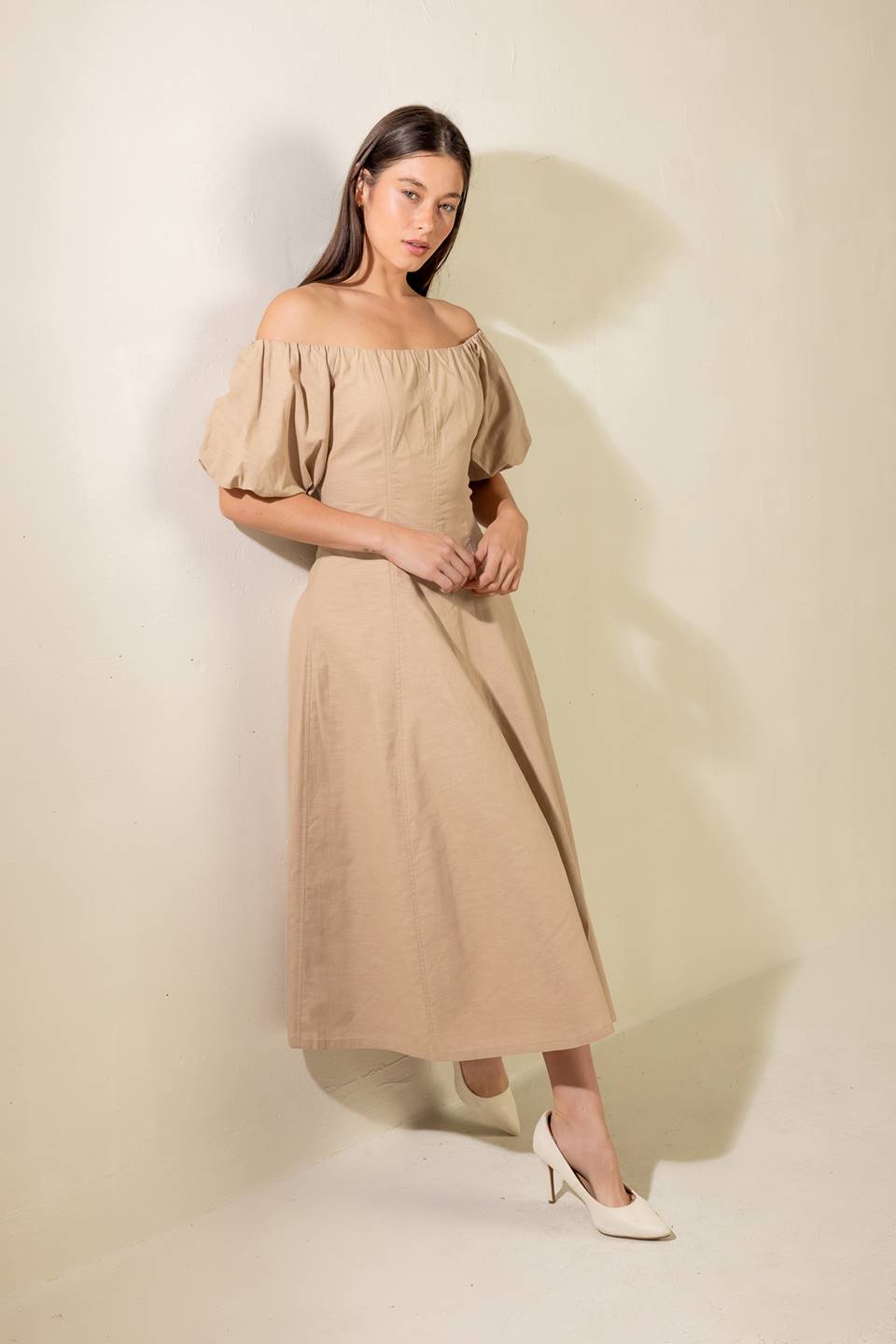 PROTECTING MY PEACE TAUPE WOVEN MIDI DRESS - By Baano